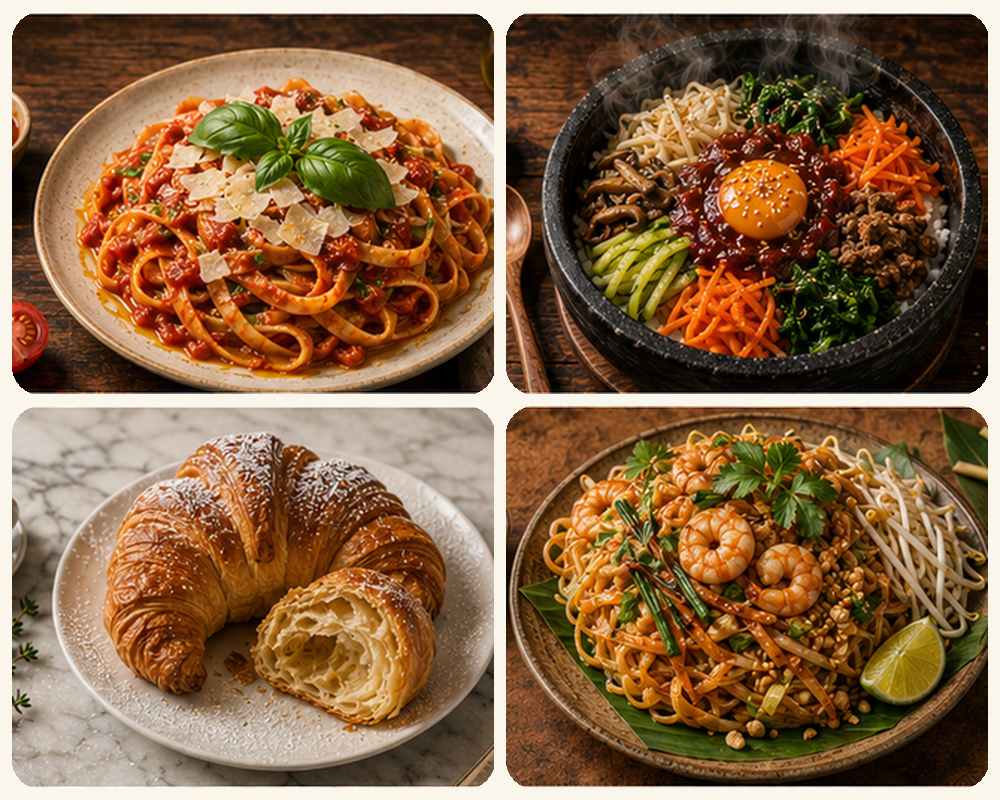 Four chef-style dishes: Italian pasta, Korean bibimbap, French croissant, Thai noodles